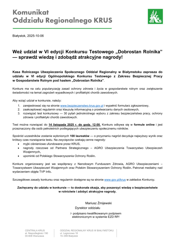 Weź udział w VI edycji Konkursu Testowego &bdquo;Dobrostan Rolnika&rdquo; &mdash; sprawdź wiedzę i zdobądź atrakcyjne nagrody